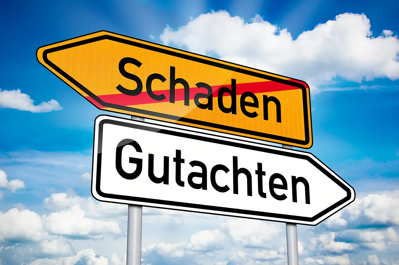 Ein Verkehrsschild mit den Wörtern Schaden & Gutachten als verdeutlichung meiner Leistungen